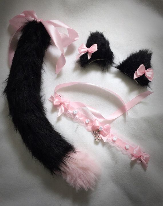 adorable set tail ears collar black pink pastel cat