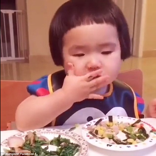 adorable the video shows the young girl picking up bits of mushrooms and leafy greens