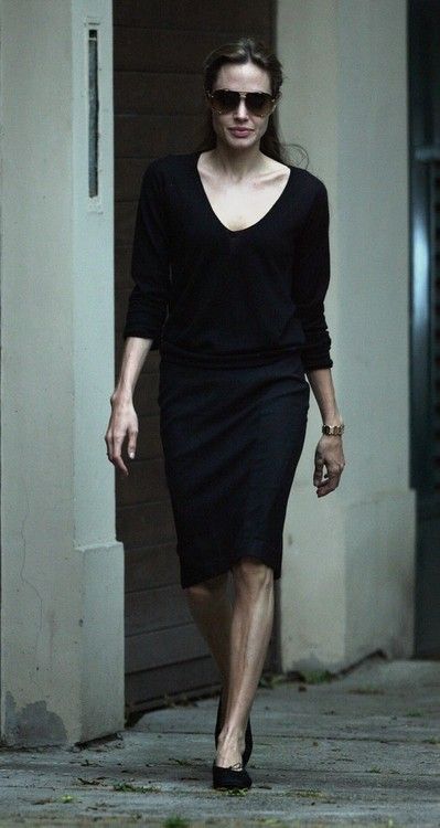 angelina in all black would change out the skirt for black trousers
