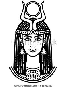 animation portrait of the beautiful egyptian woman horned goddess isis black the white vector