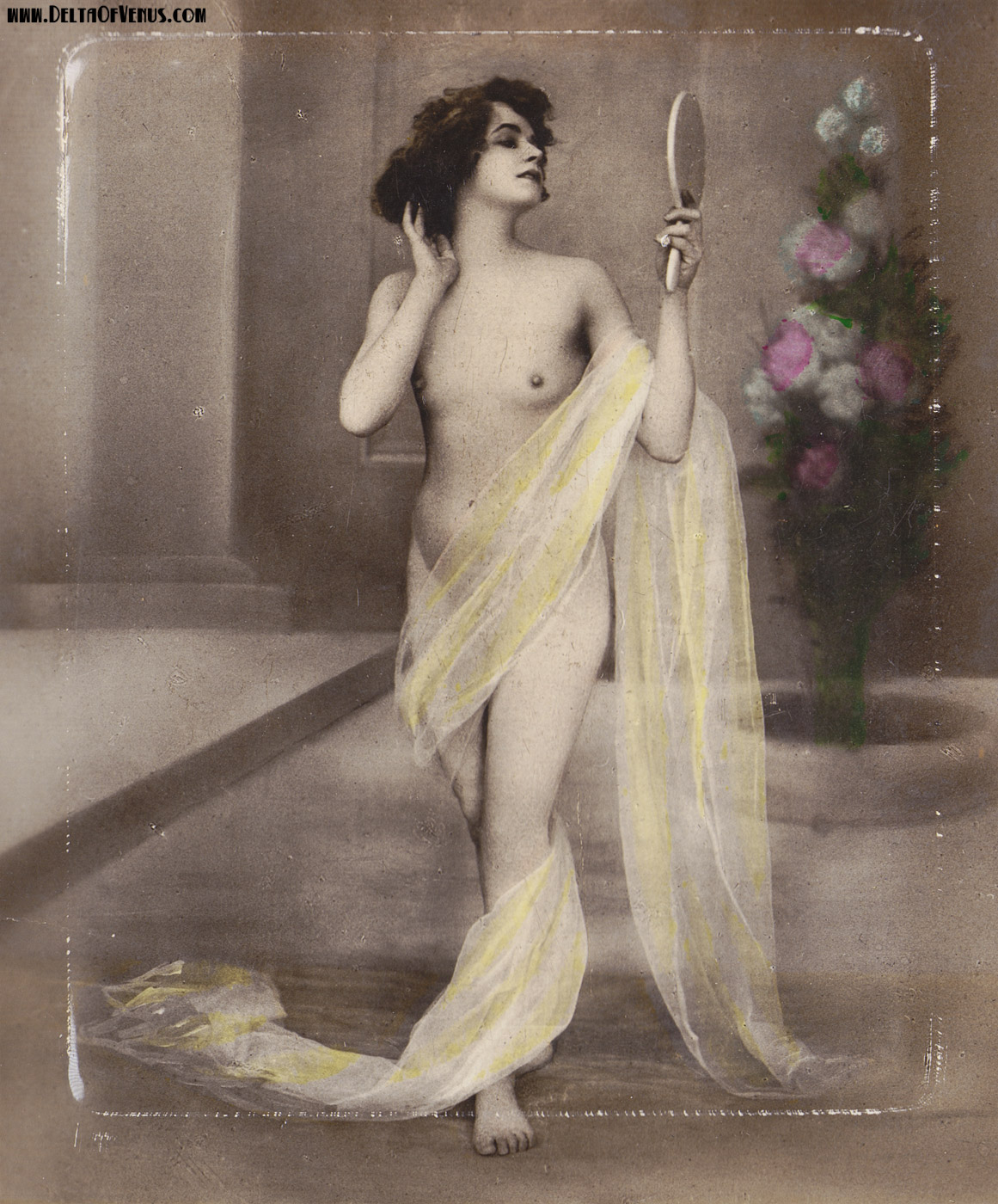 antique nude postcard girl with mirror