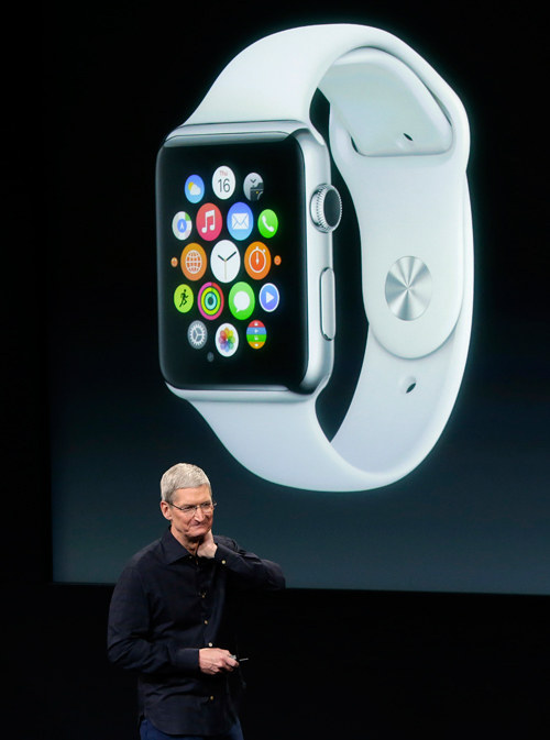 apple ceo tim cook discusses the new apple watch during an event at apple headquarters