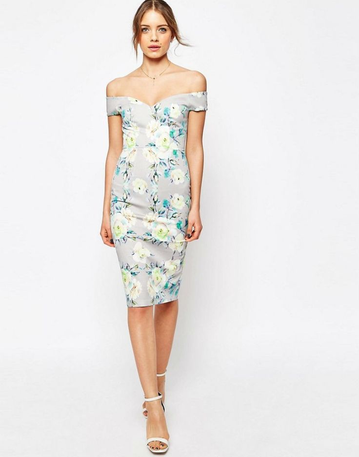 asos bardot off the shoulder hitchcock pencil dress in gray and lime floral shop for womens dress multi