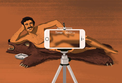 cartoon of naked bert reynolds on a bearskin rug with an iphone taking his picture