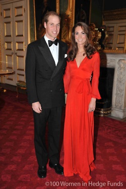 catherine is wearing a brilliant red beulah london gown attending a gala for women in hedge funds