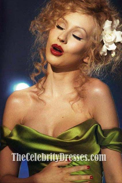 christina aguilera sexy green off the shoulder prom dress in burlesque