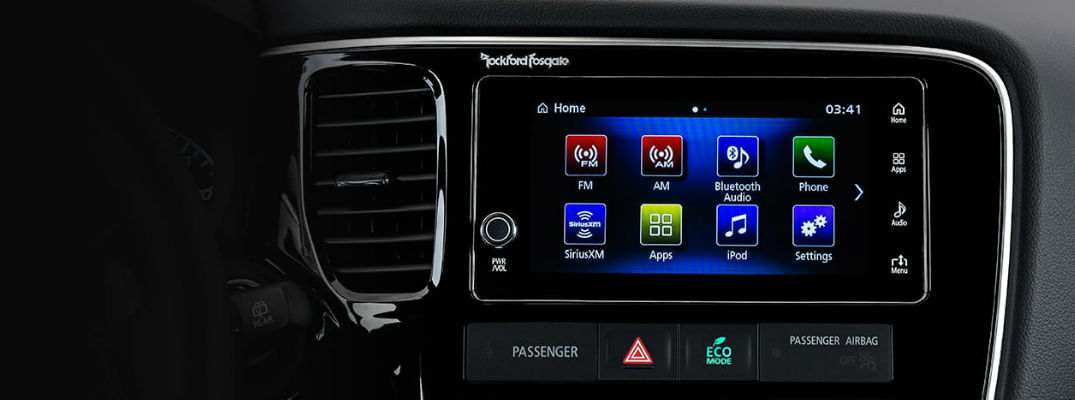 close up of mitsubishi outlander touchscreen display with rockford fosgate stereo
