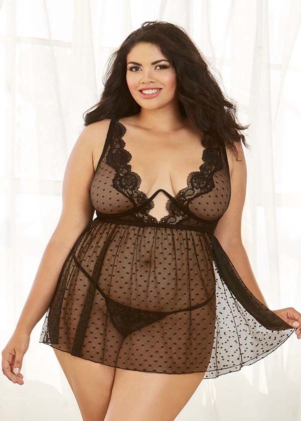 dreamgirl plus size dotted lace babydoll set lingerie womens