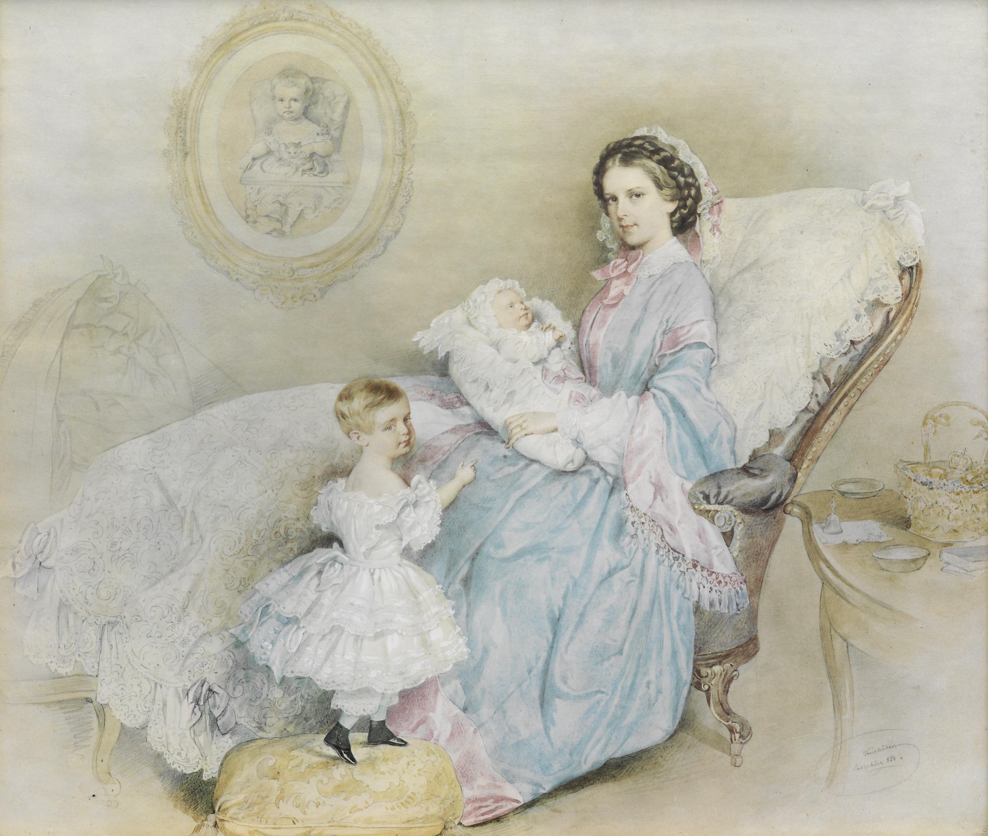 empress elisabeth with her two children and a portrait of the late archduchess sophie friederike