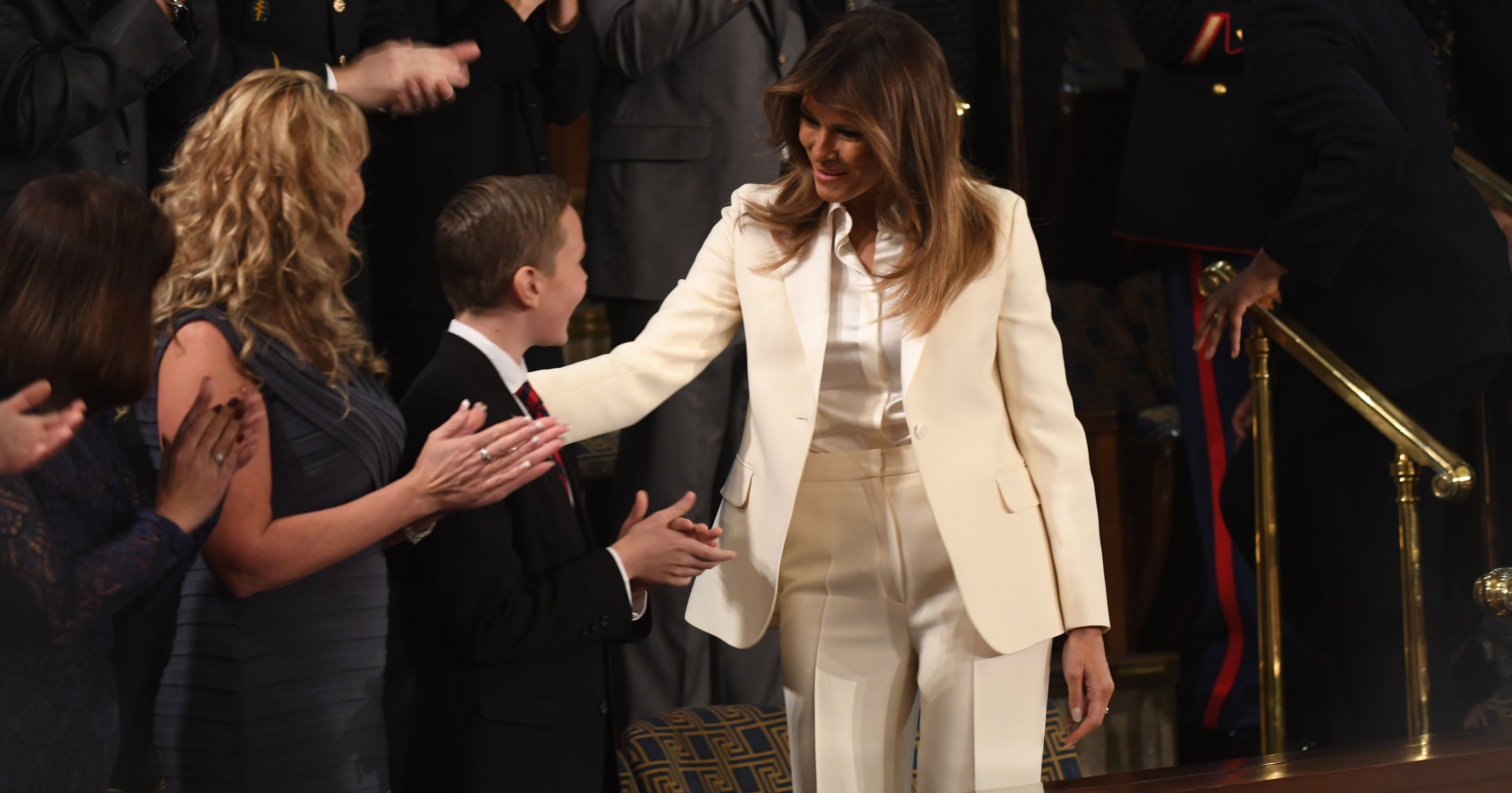 for state of the union melania trump goes for all white pants suit