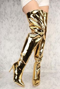 gold chrome flared pointy toe thigh high heel boots patent just for a moment i wanted these