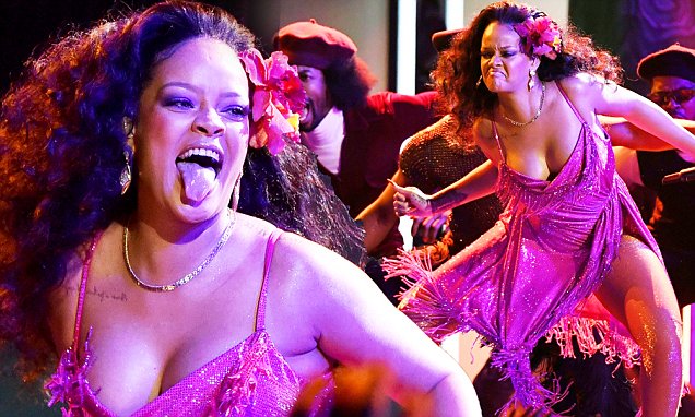 grammys busty rihanna almost falls out of her frock daily mail online