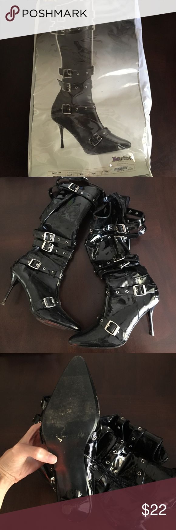 halloween spicy strappy knee high pleather boots halloween costume boots the packaging says spicy black