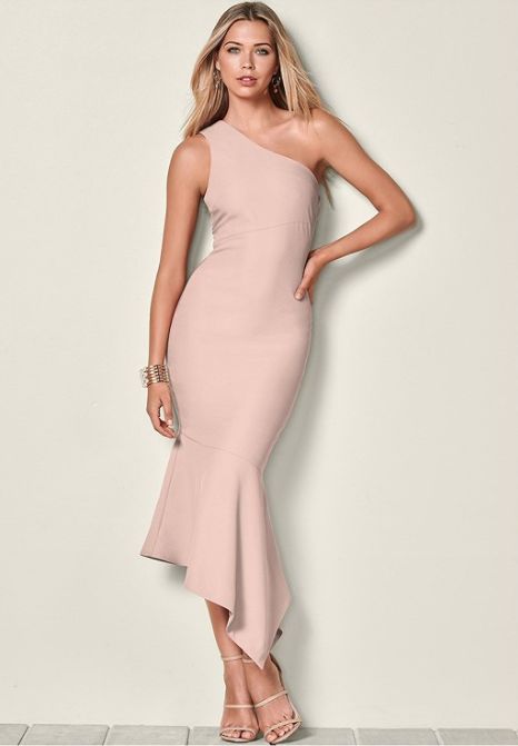 keep it sleek with a structured one shoulder dress and a twirl ready tulip hem