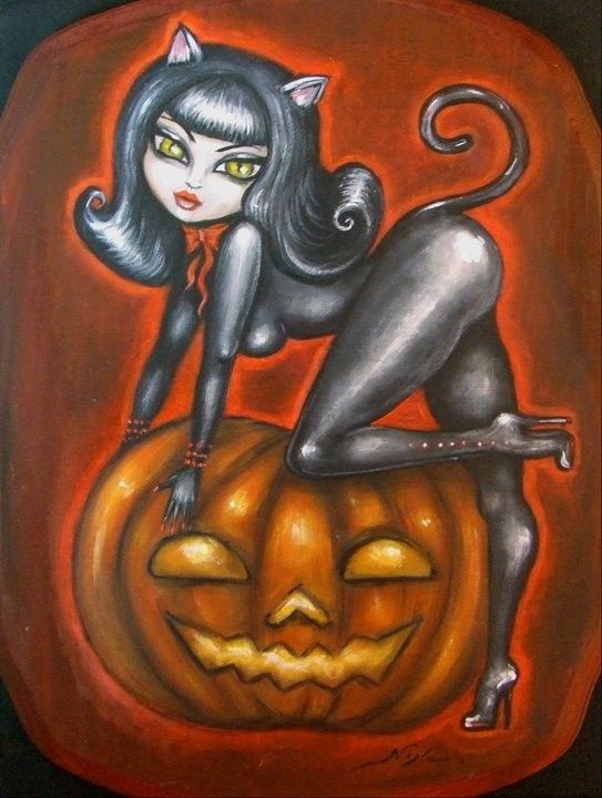 kittys big pumpkin big eye fetish halloween cat girl giclee print nina friday via etsy