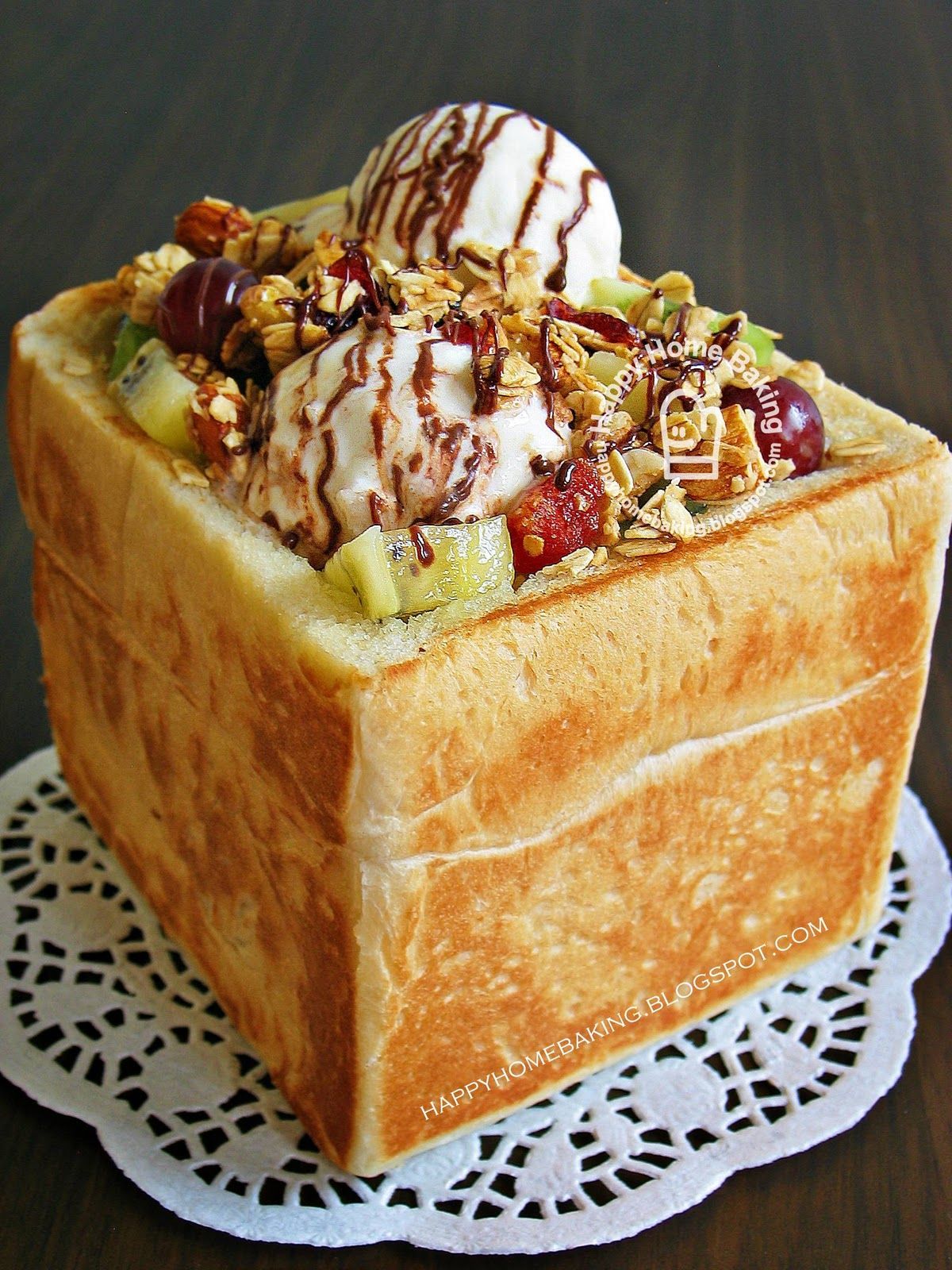 korean honey bread toasted bread drizzled with honey topped with fruit ice cream