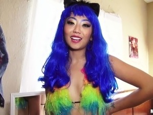 lovely asian chick miko dai with long blue hair and rainbow bra drops on her