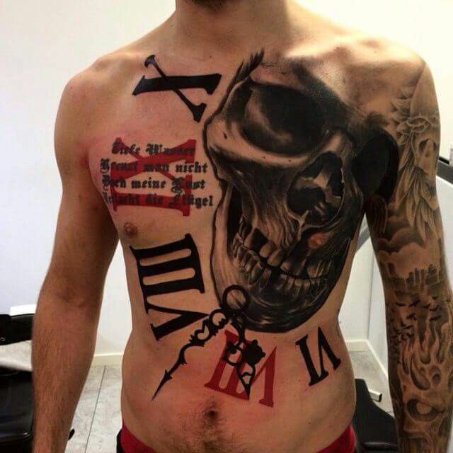 manly guys trash polka full chest roman numeral skull tattoos with red and black ink mehr
