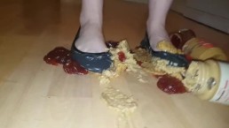 messy foot play with peanut butter and jelly in well worn ballet flats