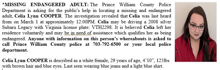 missing endangered adult celia cooper age white female