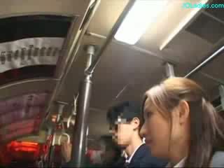 office lady getting her hairy pussy fingered while standing on the bus 1