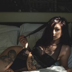 people women model lily taylor black lingerie tattoo in bed justin swain
