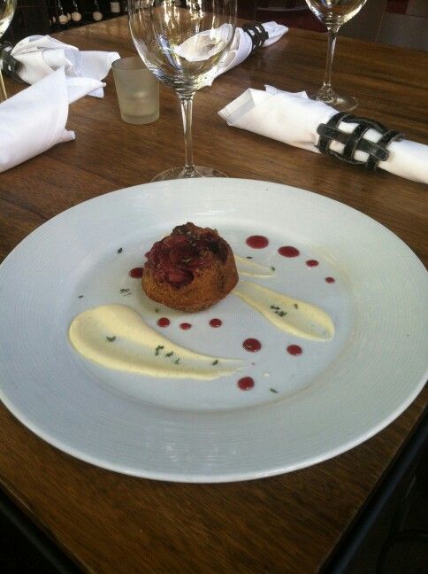 plum cake with vanilla creme anglaise cabernet gastrique and thyme