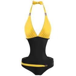 plungling neck color block swimwear yellow and black