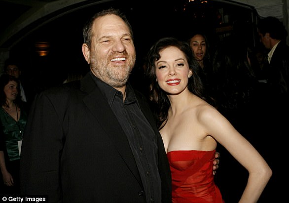 producer harvey weinstein left and actress rose mcgowan arrive to the premiere