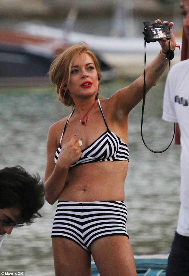 sensational in stripes lindsay lohan embraced the nautical look in a funky two piece