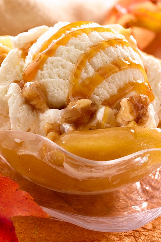 serve up helpings of apple pie filling chopped walnuts breyers caramel ice cream sauce natural vanilla ice cream