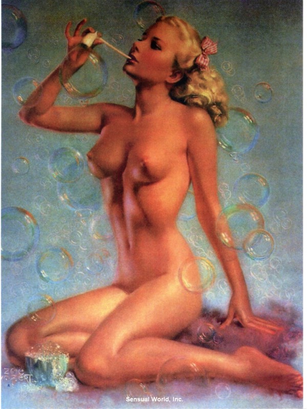 sexy nude pin up girl art postcard bare breasts legs woman bubbles artist zoe mozert