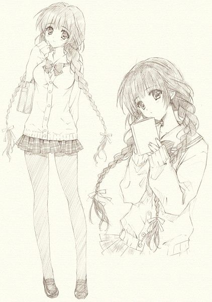 sketch of schoolgirl with long braided pigtails wearing school uniform fuku manga artist