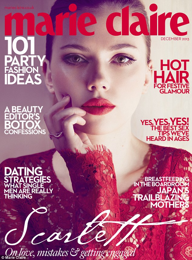 smouldering scarlett looks incredible in a red lace dress and red lipstick on the cover