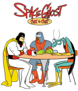 space ghost moltar and zorak sit around a coffee table