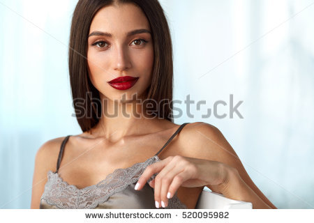 stock photo beauty face beautiful young woman with red lipstick on full sexy lips and perfect smooth soft skin