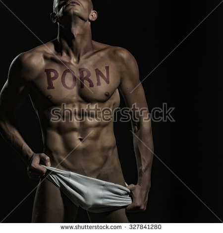 stock photo one handsome undressed muscular man in white underwear with beautiful sexy body with text of porn