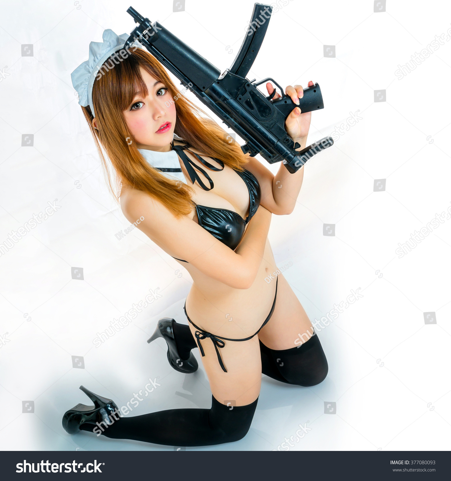 stock photo sexy asian big boods girl model cosplay bikini maid with gun japanese style xxx 6