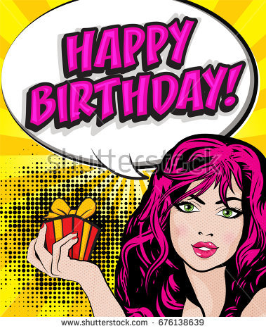 stock vector pop art woman with a birthday present box and a happy birthday sign pop art comics icon happy