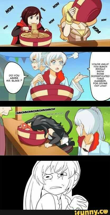 the moment weiss realized she wasnt teamed up with the upper class blake is eating magicarps lol