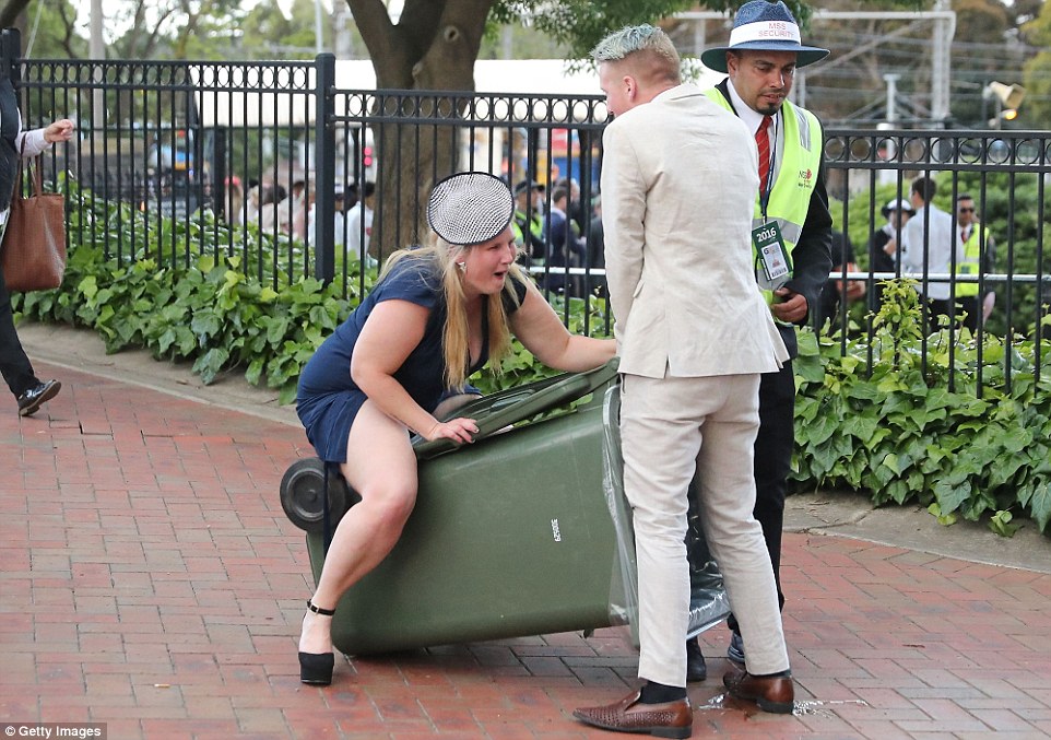 this enthusiastic punter decided to ride the bin as if it were a horse while