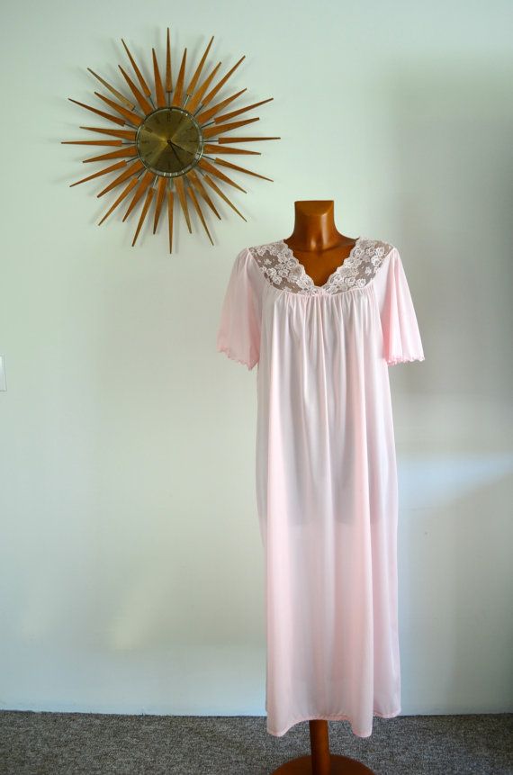 vintage pink nylon nightgown with flutter sleeves label french maid lingerie made